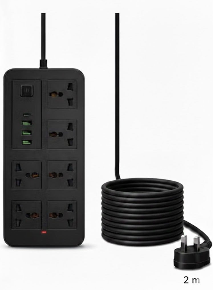 6 Way Extension Lead with USB & Type-C Fast Charging, Surge Protected UK 3 Pin Power Strip, Multi Plug Socket with 2M Heavy Duty Cable for Home, Office, Kitchen & Travel - Image 1